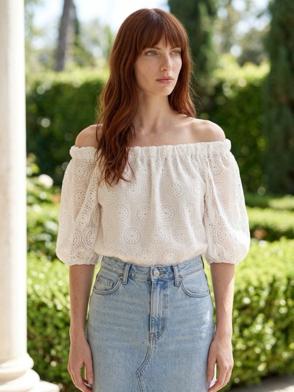 Beautiful Trina Turk white lace off-the-shoulder top in size Medium.